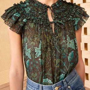 ULLA JOHNSON Signe ruffled printed metallic cotton-blend voile top Green